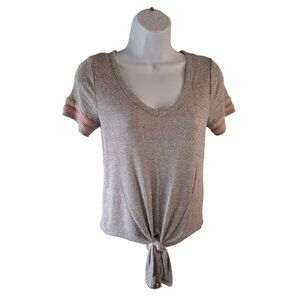 So Tie Front Top XS Gray Pink Striped Short Sleeve Grunge Skater Streetwear